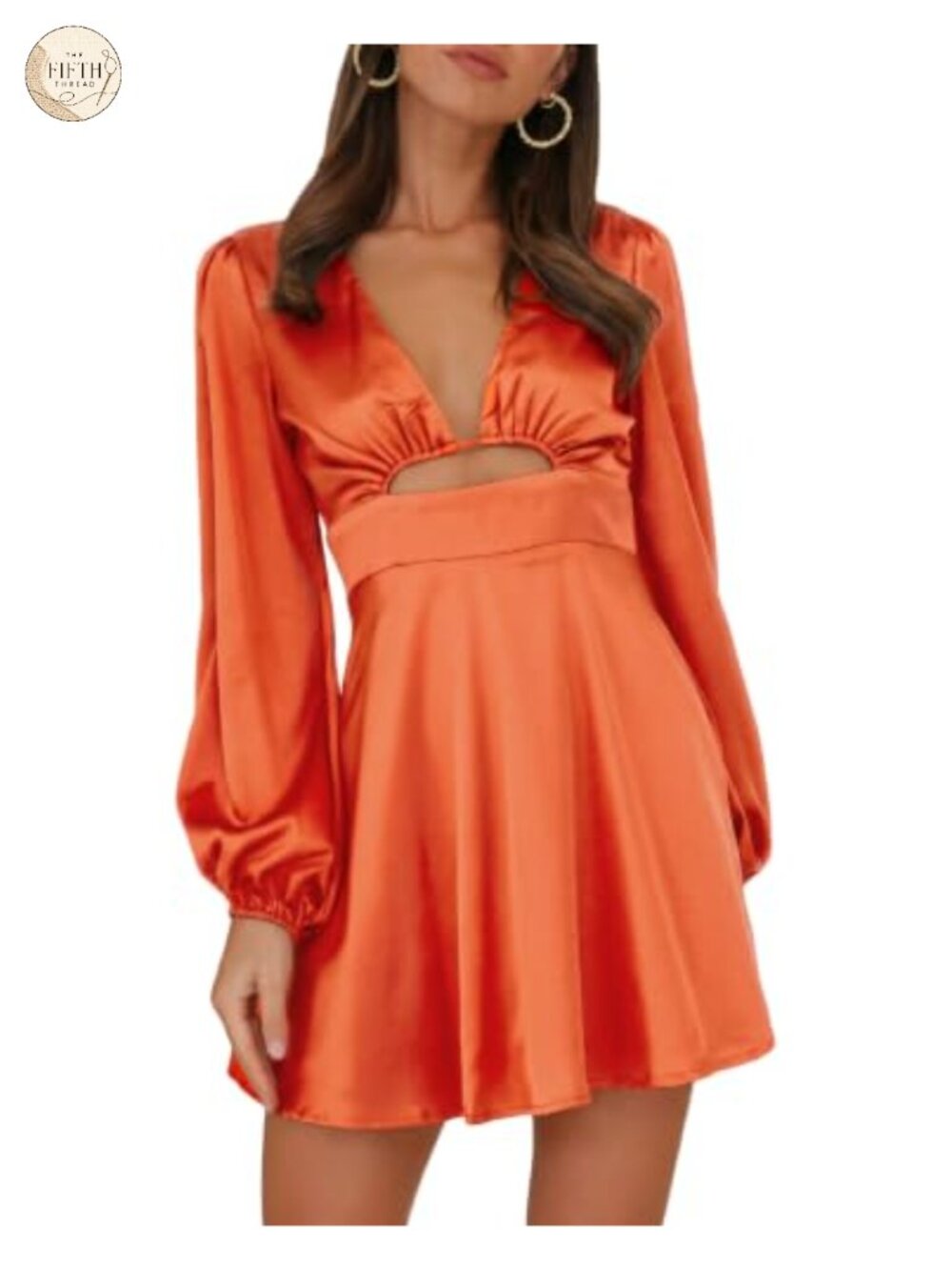 Satin Long Sleeve A-Line Mini Dress with Cut-Out and Puff Sleeves